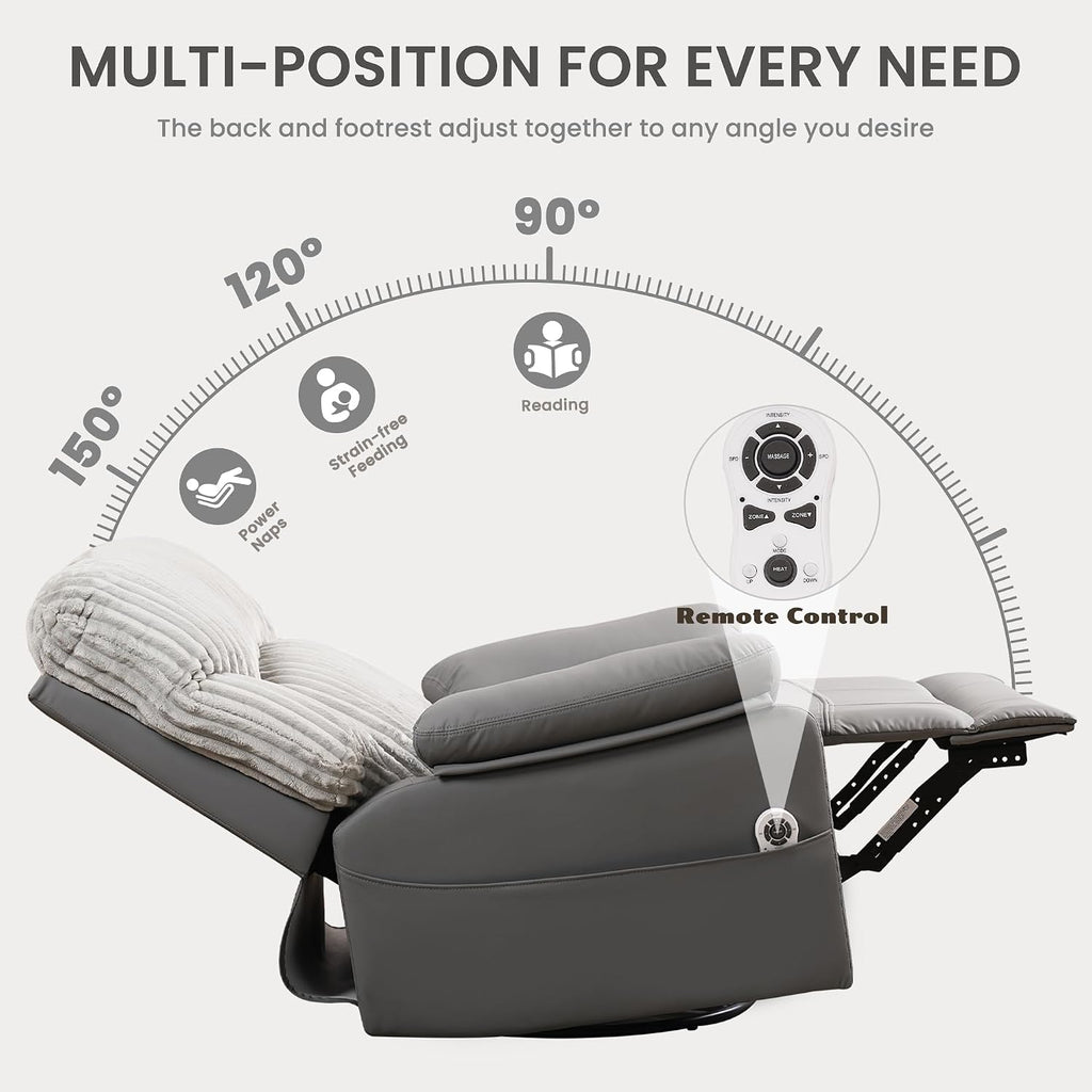 GRAINELL Power Recliner Chair with Massage and Heat, Electric Recliner Nursery Rocking Chairs, USB, Gliding & 270° Swivel Recliner, for Living Room Nursery Chair, Grey