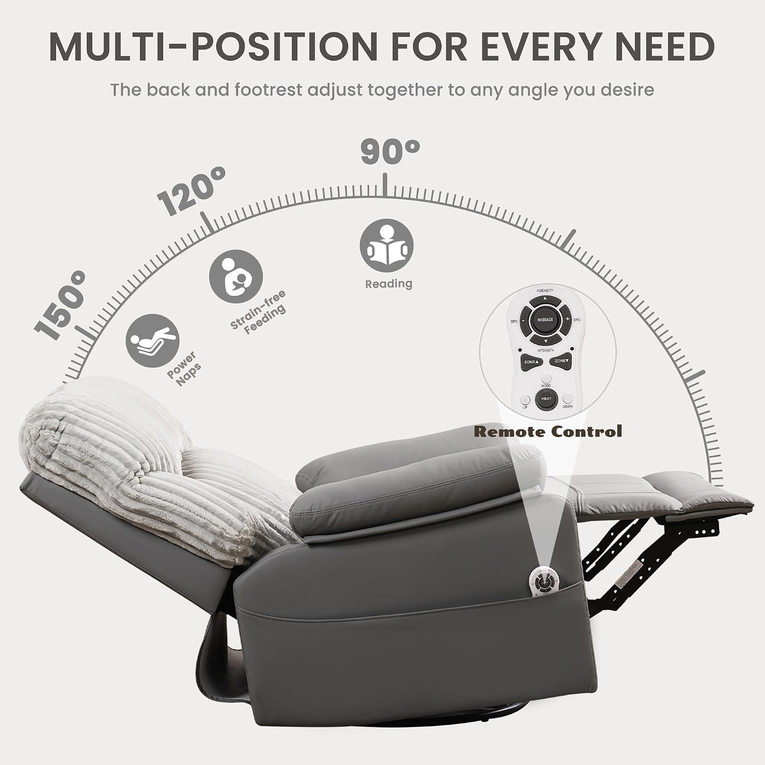 GRAINELL Power Recliner Chair with Massage and Heat, Electric Recliner Nursery Rocking Chairs, USB, Gliding & 270° Swivel Recliner, for Living Room Nursery Chair, Grey