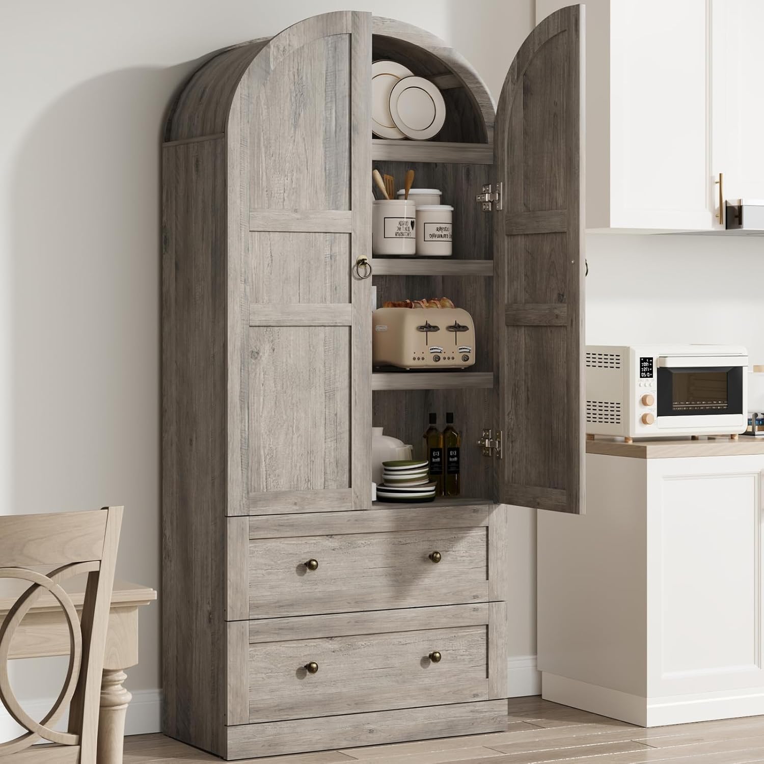 72" Tall Arched Kitchen Pantry Cabinet – Farmhouse Wooden Storage Cabinet with 2 Drawers & Wood Doors – Freestanding Buffet Sideboard for Dining/Living Room – Rustic Gray, Wooden Door, Grey