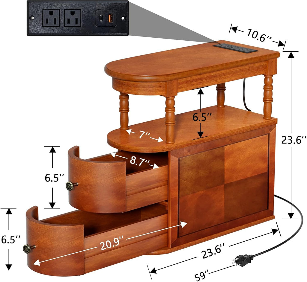 ROOMTEC Solid Wood End Table with Charging Station,Narrow Side Table with 2 Drawers and Shelf, Slim Chair Side Table,Narrow Sofa Side Table for Living Room Bedroom