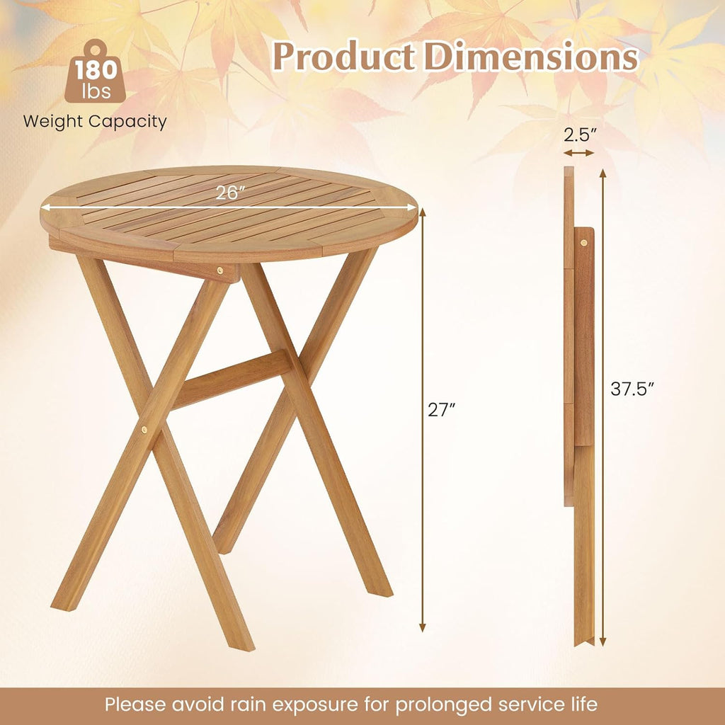 Tangkula 26-Inch Acacia Wood Outdoor Dining Table, Folding Round Patio Bistro Table with Slatted Tabletop & X-Shaped Frame, Outside Dining Table for Porch, Garden, Backyard, Poolside