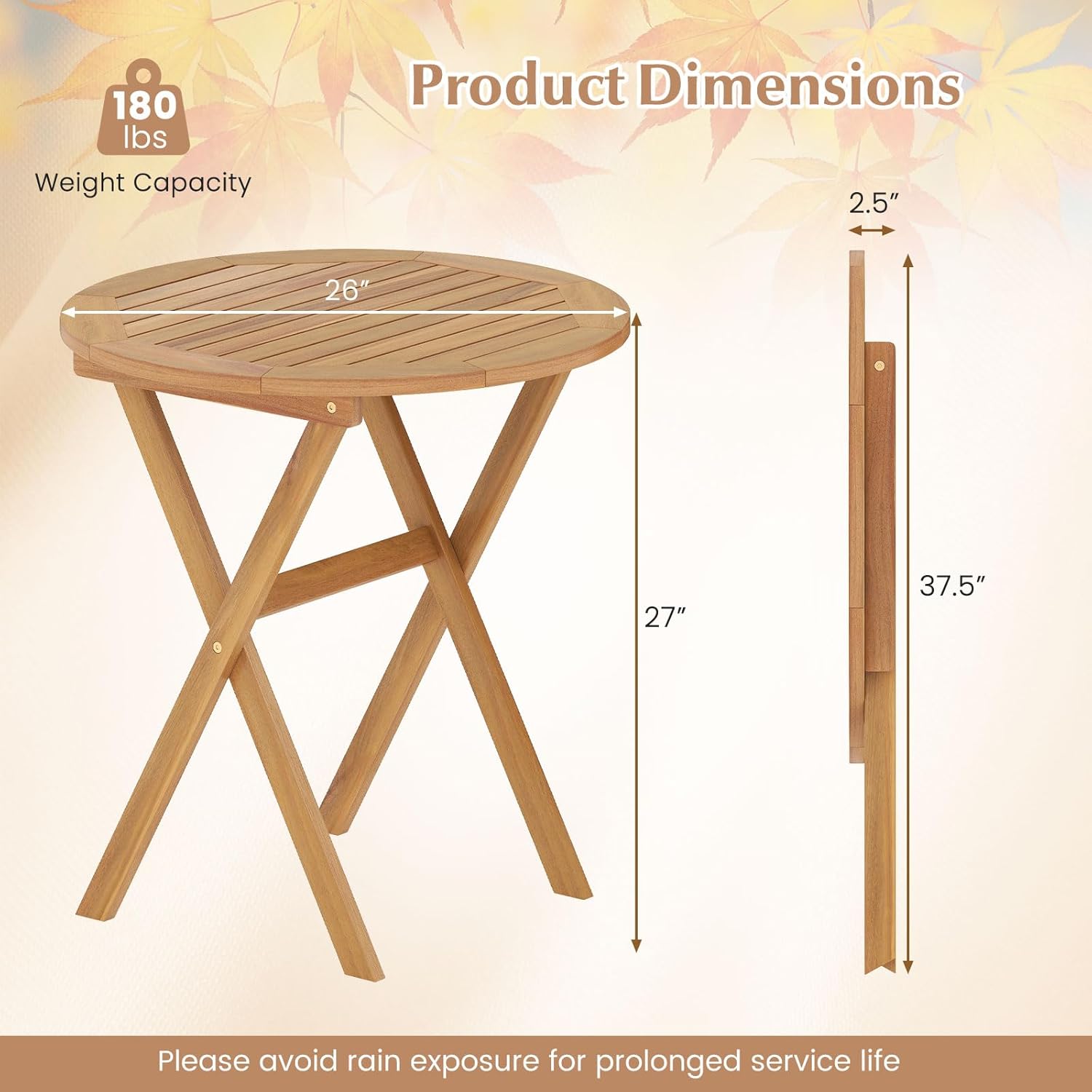 Tangkula 26-Inch Acacia Wood Outdoor Dining Table, Folding Round Patio Bistro Table with Slatted Tabletop & X-Shaped Frame, Outside Dining Table for Porch, Garden, Backyard, Poolside