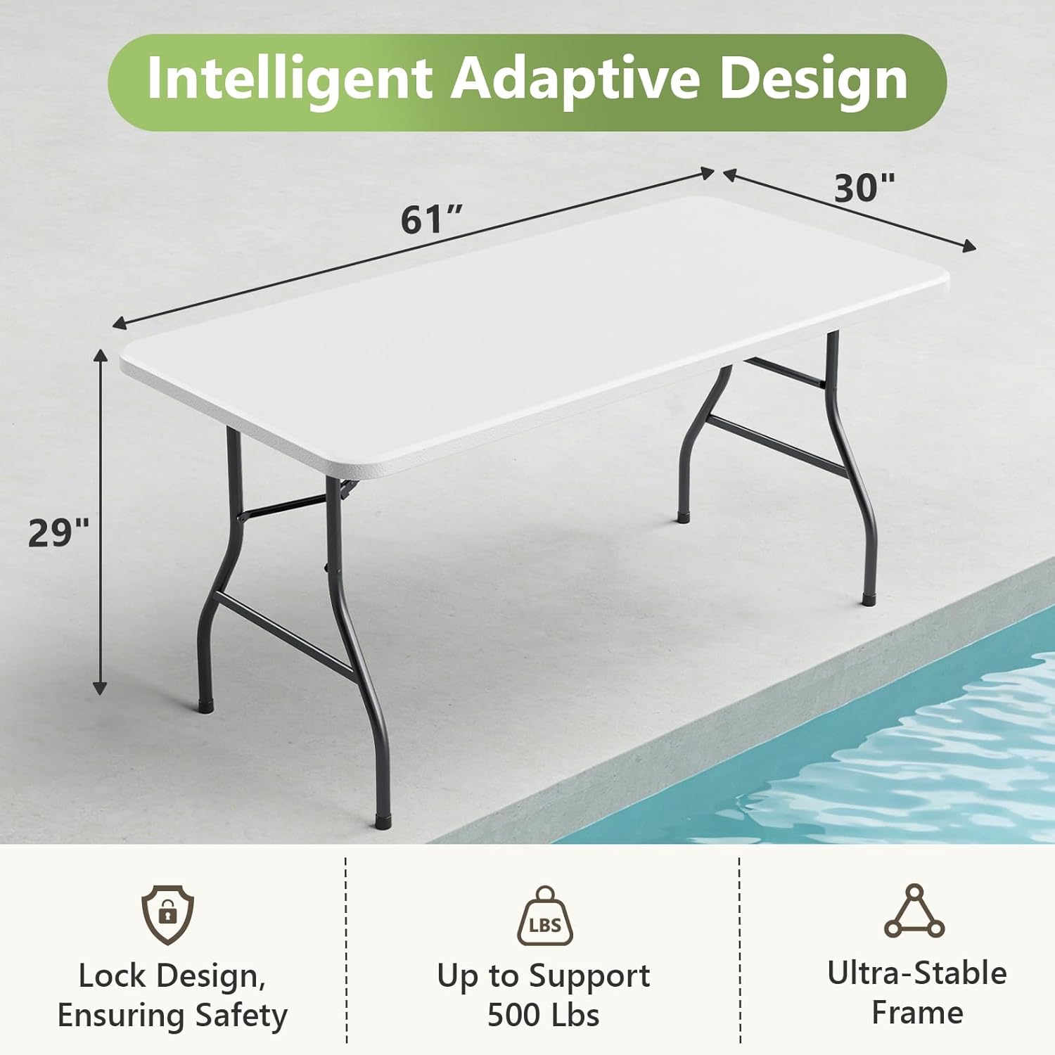 5ft Folding Table, Heavy Duty Plastic Card Table with Foldable Steel Legs, Metal Frame Support up to 500 lb, Portable for Indoor, Outdoor, Picnic, Camping, Dining, Party, White