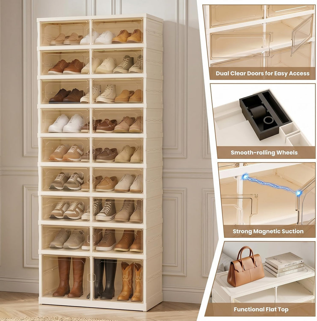 Foldable Shoe Rack with Doors, Stackable Plastic Shoe Organizer, Large Clear Shoe Storage Boxes for Closet and Entryway, Portable Collapsible Shoe Cabinet 9 Tiers, 27Pairs