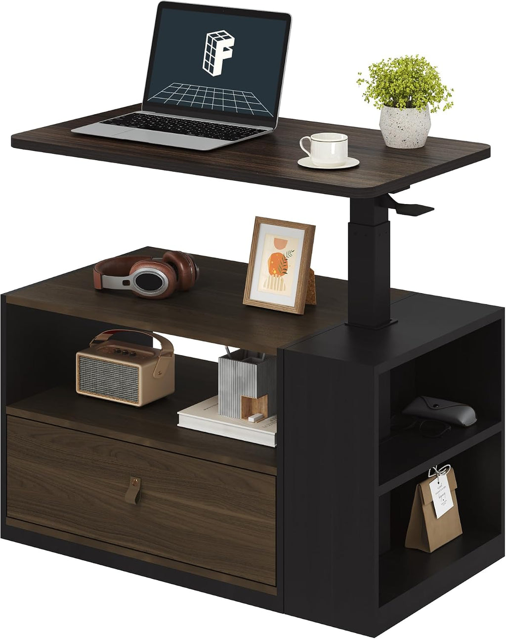 FLEXISPOT H7 CAB End Table with Drawers Storage,Narrow Side Table Nightstand with Shelves & Cabinet,Bedside Table for Small Spaces,Sofa Couch Table for Living Room Bedroom（Walnut Table with Cabinet）