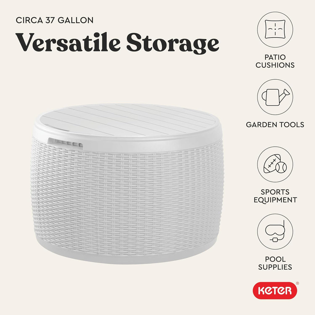 Keter Circa 37 Gallon Resin Deck Box Stool, All-Weather Outdoor Storage Seat with Rattan-Look Finish, Durable Patio Storage Bench for Cushions, Garden Tools, Pool Accessories