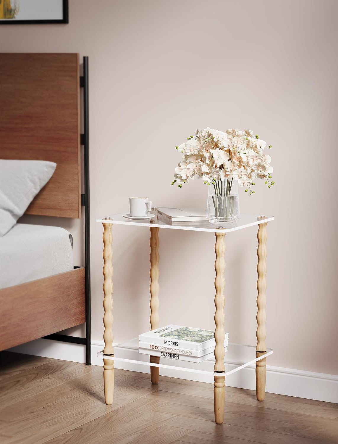 NiHome Spindle Side Table Acrylic Tabletop and Wooden Legs, 2-Tier Small End Table with Storage Shelf, Modern Wood Nightstand for Living Room, Narrow Rectangle Coffee Tables for Couch