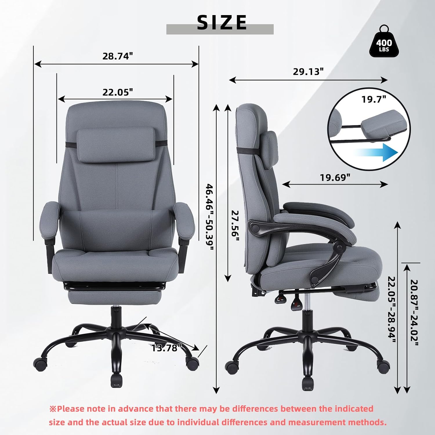 Linen Fabric Gaming Chair with Footrest, Ergonomic Computer Chair with Headrest and Lumbar Support, Height Adjustable 360° Swivel Reclining Chair with Backrest 90° -120° -155° (Grey)