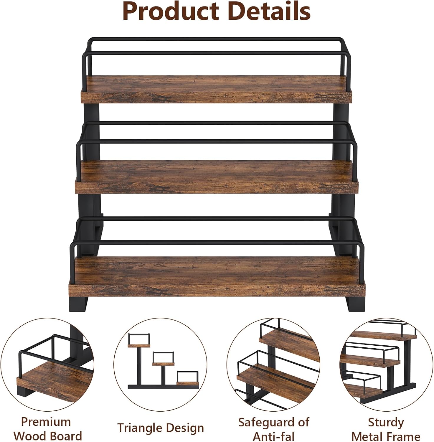 Aduanbang Liquor Bottle Display Shelf, 3 Step Countertop Organizer, Retro Bar Stand for Whiskey, Wine, Spirits (Brown)