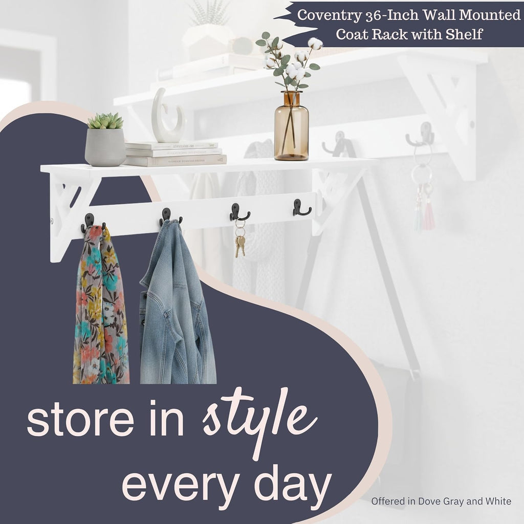 Coventry Wall Mounted Coat Rack with Shelf – Modern 36-Inch Entryway Wall Organizer with 4 Double Hooks – Space-Saving Storage for Apartments, Small Spaces, or Mudroom by Alaterre Furniture (White)