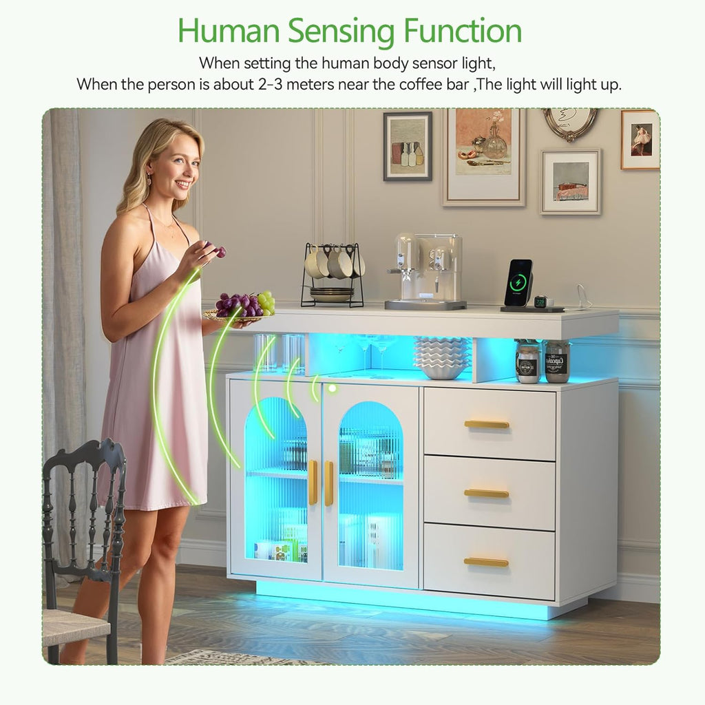 WOOVIVS LED Sideboard Buffet Cabinet with Charging Station, Wine Cabinets with Auto RGB Lighted, Modern Coffee Bar with 3 Drawers for Living Room, Dining Room, Kitchen (White)