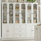 Cyclysio 80" Tall Pantry Cabinet Set of 3, White Kitchen Storage Cabinet with Arched Glass Doors, 3 Drawers & Cupboard, Flush-to-Wall Coffee Bar Hutch with Baseboard Cutout for Dining Room