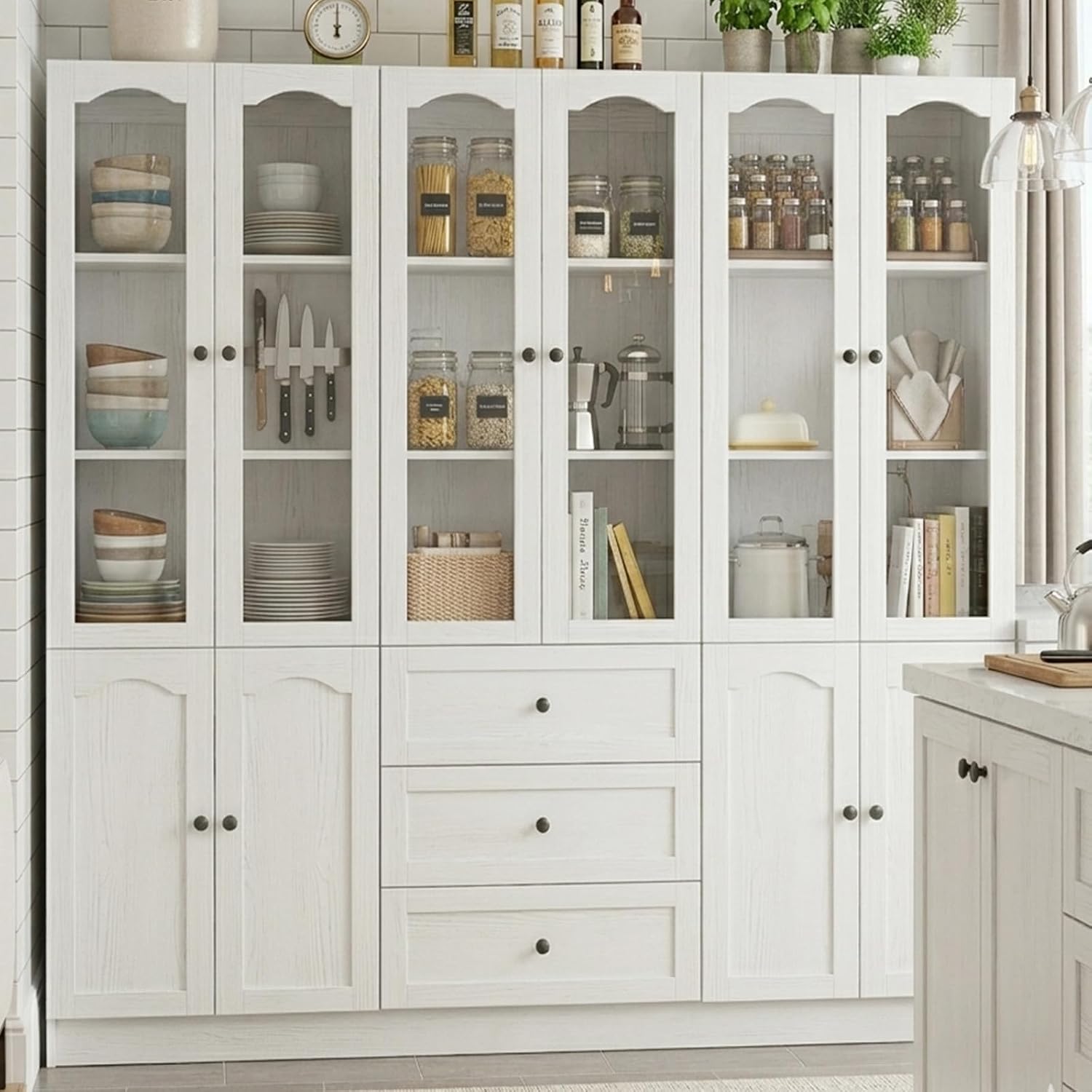 Cyclysio 80" Tall Pantry Cabinet Set of 3, White Kitchen Storage Cabinet with Arched Glass Doors, 3 Drawers & Cupboard, Flush-to-Wall Coffee Bar Hutch with Baseboard Cutout for Dining Room