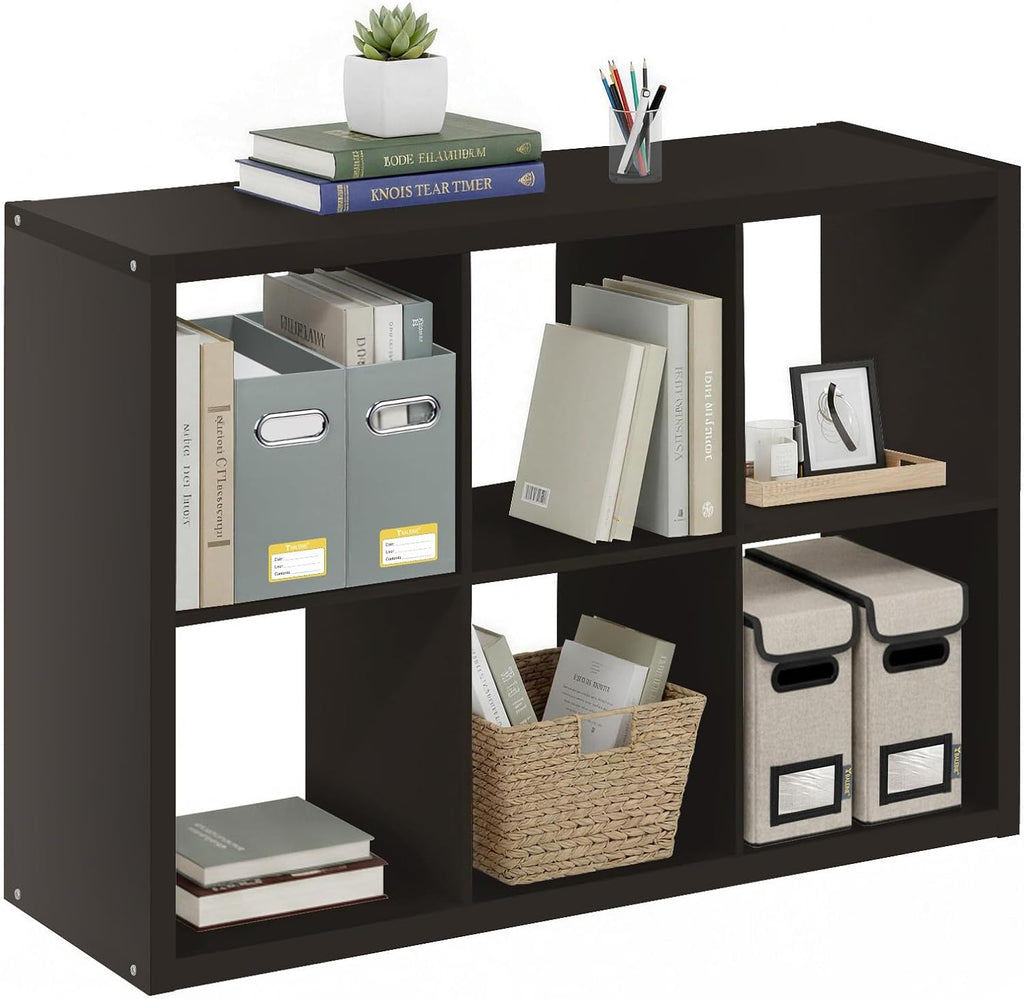 BALEINE Book Shelf, 1.2" Extra Thick Frame Bookshelf, Reversible 6-Cube Storage Organizer with Open Back, 14.6" x 43.8" x 30", for Living Room, Bedroom, Home Office (Black Dark Oak)