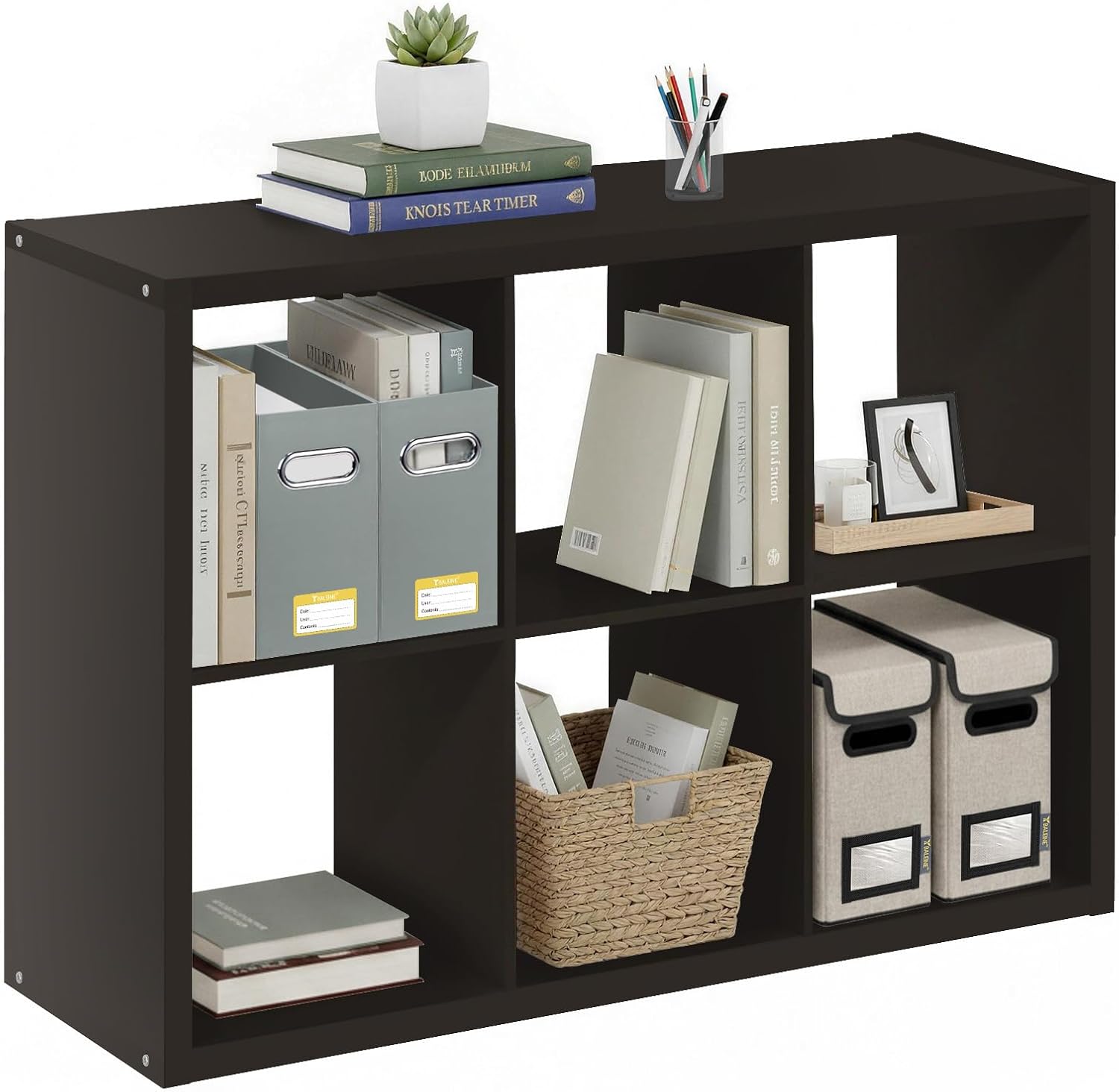 BALEINE Book Shelf, 1.2" Extra Thick Frame Bookshelf, Reversible 6-Cube Storage Organizer with Open Back, 14.6" x 43.8" x 30", for Living Room, Bedroom, Home Office (Black Dark Oak)