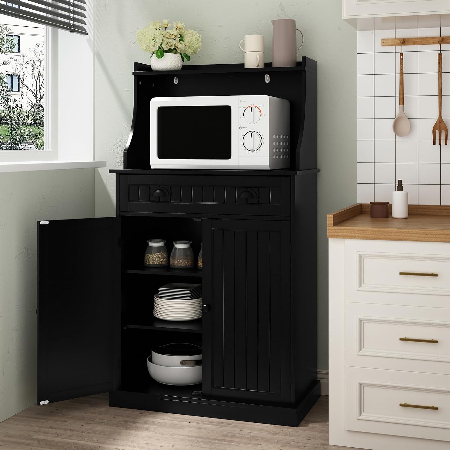 ARTPOWER 54" Kitchen Microwave Cabinet/Stand with Storage and Drawers, Pantry Storage Cabinet with Hutch & Adjustable Shelves for Kitchen, Dining Room, Living Room, Hallway in Black