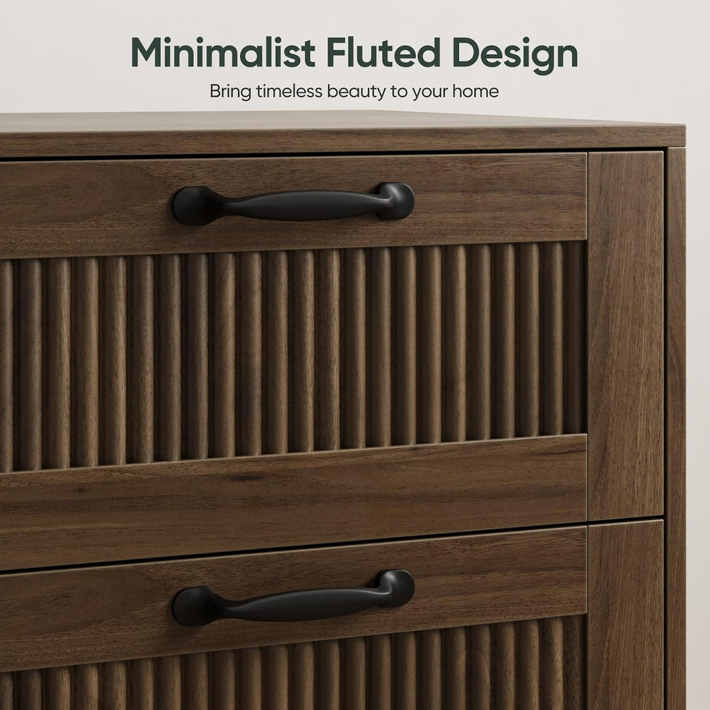 Smart FENDEE Fluted Nightstand with 2 Drawers, Bedside Table with Solid Wood Legs, Mid-Century Modern End Table for Bedroom, Home Office, Walnut