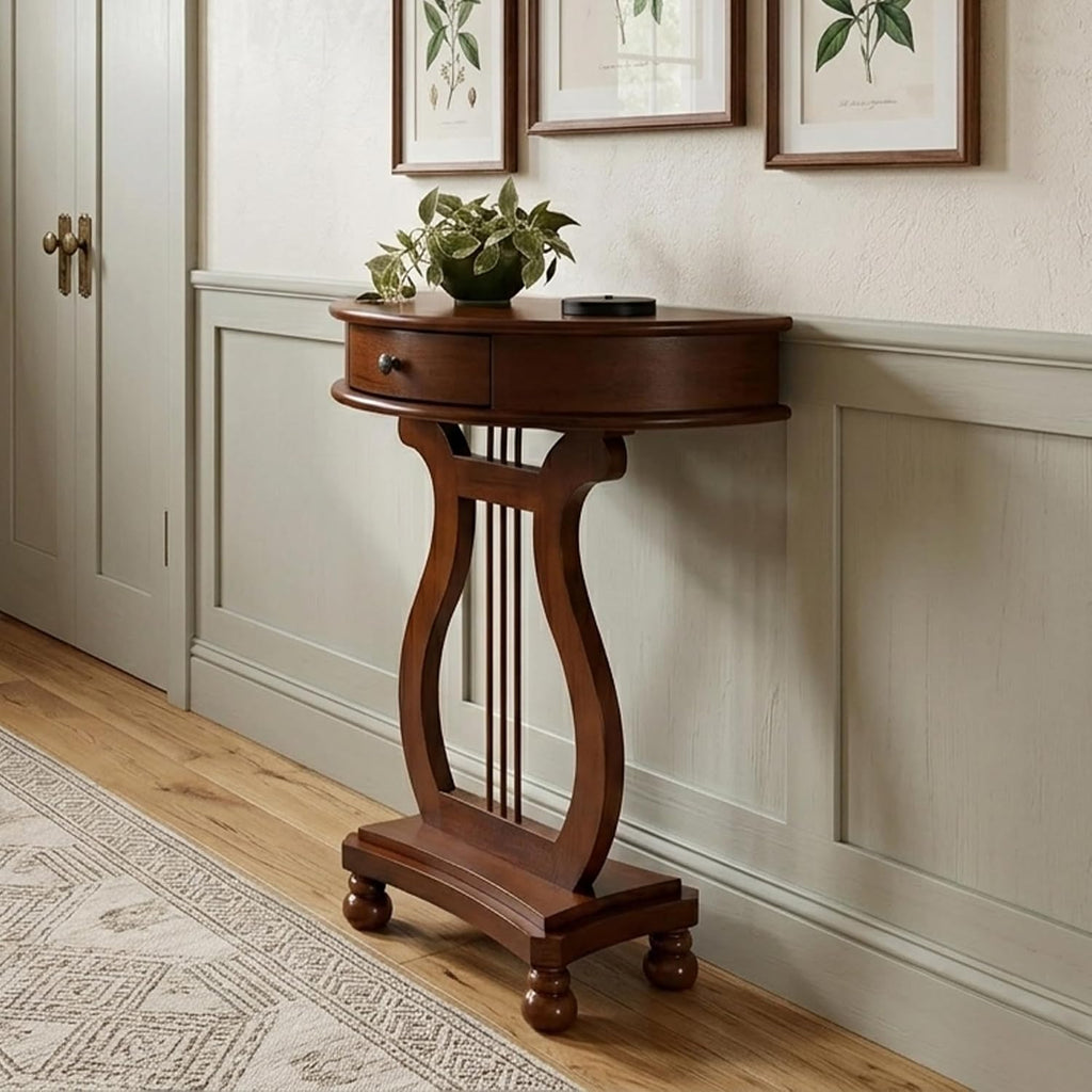 Half Moon Shaped Entryway Side Table, Narrow Semi Circle Console Table, Solid Wood Accent Table with Drawer, Perfect for Hallway, Living Room & Entryway Use (Cherry, 23.6"L * 11.8"W * 30.3"H in, Wood)