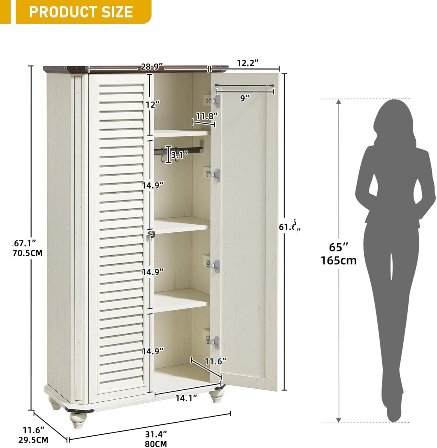 DWVO 4-Tier Storage Cabinet with 2 Shutter Doors, Farmhouse Kitchen Pantry Cabinet with Adjustable Shelves, Wooden Cabinet for Kitchen, Dining Room, Living Room, Office, Rustic White