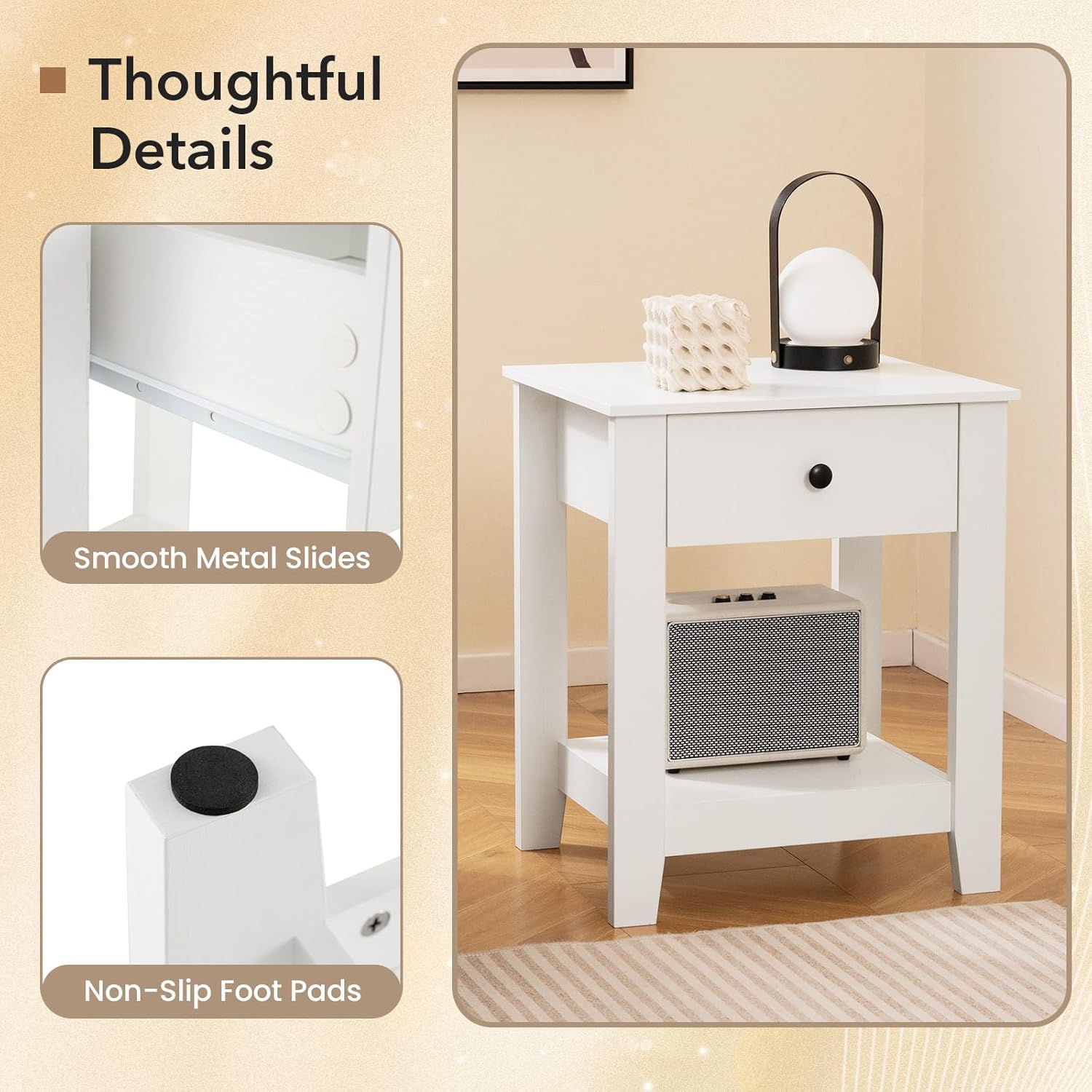 Giantex Nightstands with Drawer Set of 2, 2-Tier Bedside Table with Storage Open Shelf, Wooden Accent End Table for Small Spaces, Modern Night Stand for Bedroom Dorm Living Room, White