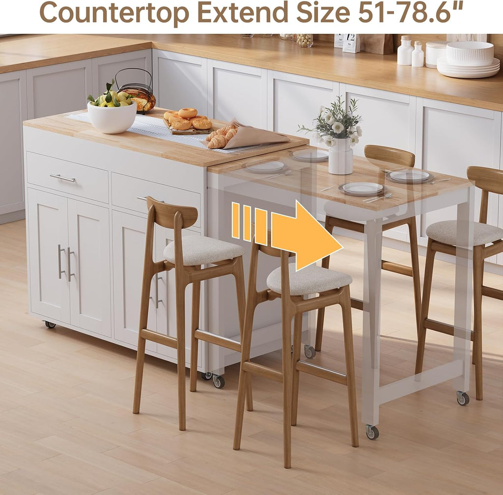 OtterOasis 78" Rolling Kitchen Island with Extendable Dining Table, Mobile Island with Storage for 2, Farmhouse Wood 4-Door Cabinet for Kitchen & Dining Room, White