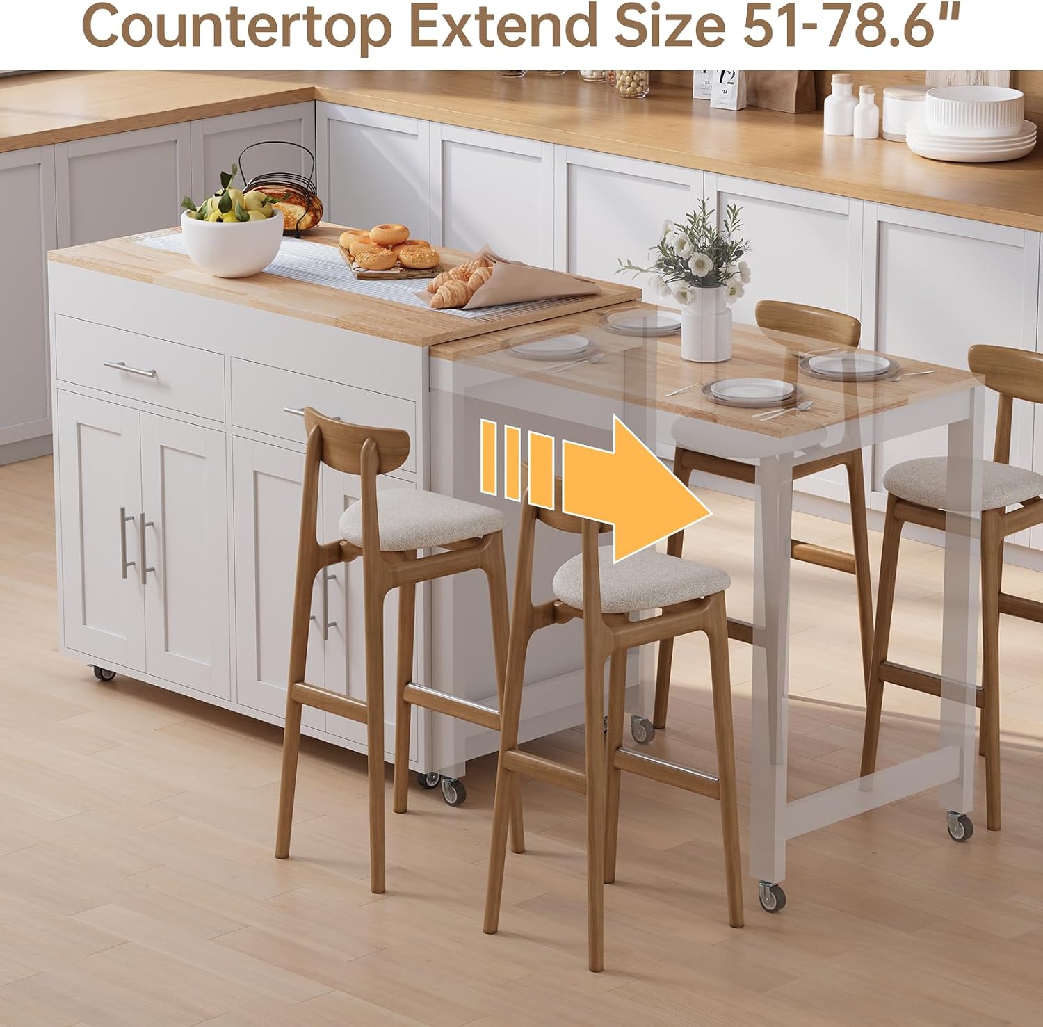OtterOasis 78" Rolling Kitchen Island with Extendable Dining Table, Mobile Island with Storage for 2, Farmhouse Wood 4-Door Cabinet for Kitchen & Dining Room, White