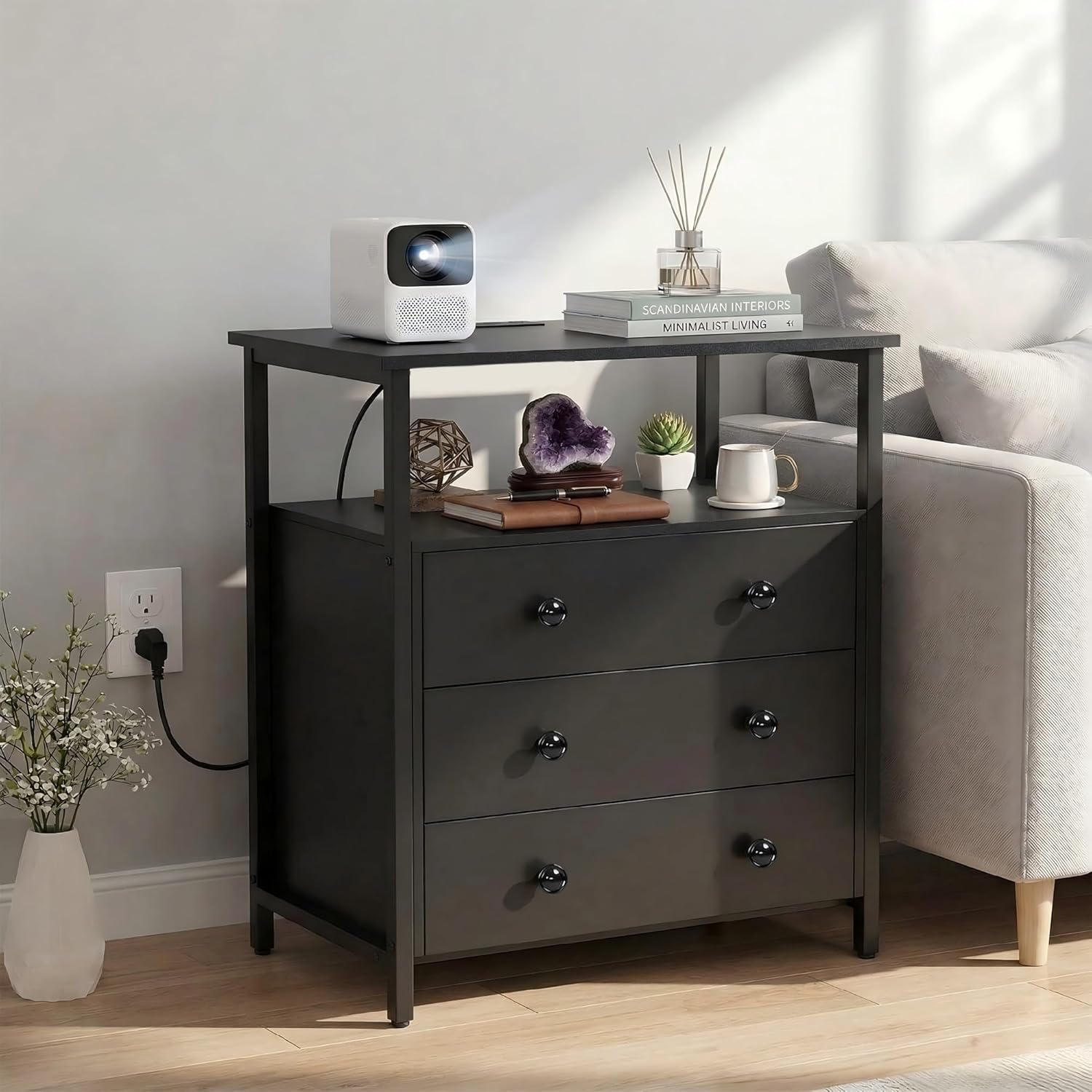 Edbuosy 27" Wide Nightstand with Charging Station & 3 Drawer, Black | Small Dresser for Closet, 2 AC Outlets & 2 USB Ports, Open Shelf, Adjustable Feet, Wood Nightstand for Living Room or Bedroom