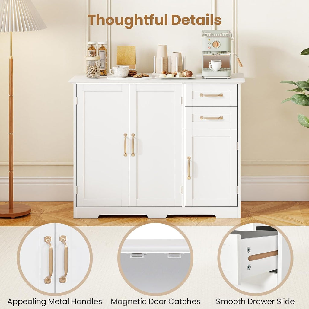 Kitchen Buffet Cabinet, Modern Sideboard with Drawers & Adjustable Shelves, Wooden Credenzas for Living Room, 40" Console Cabinet for Dining Room, Coffee Bar, Entryway (White)