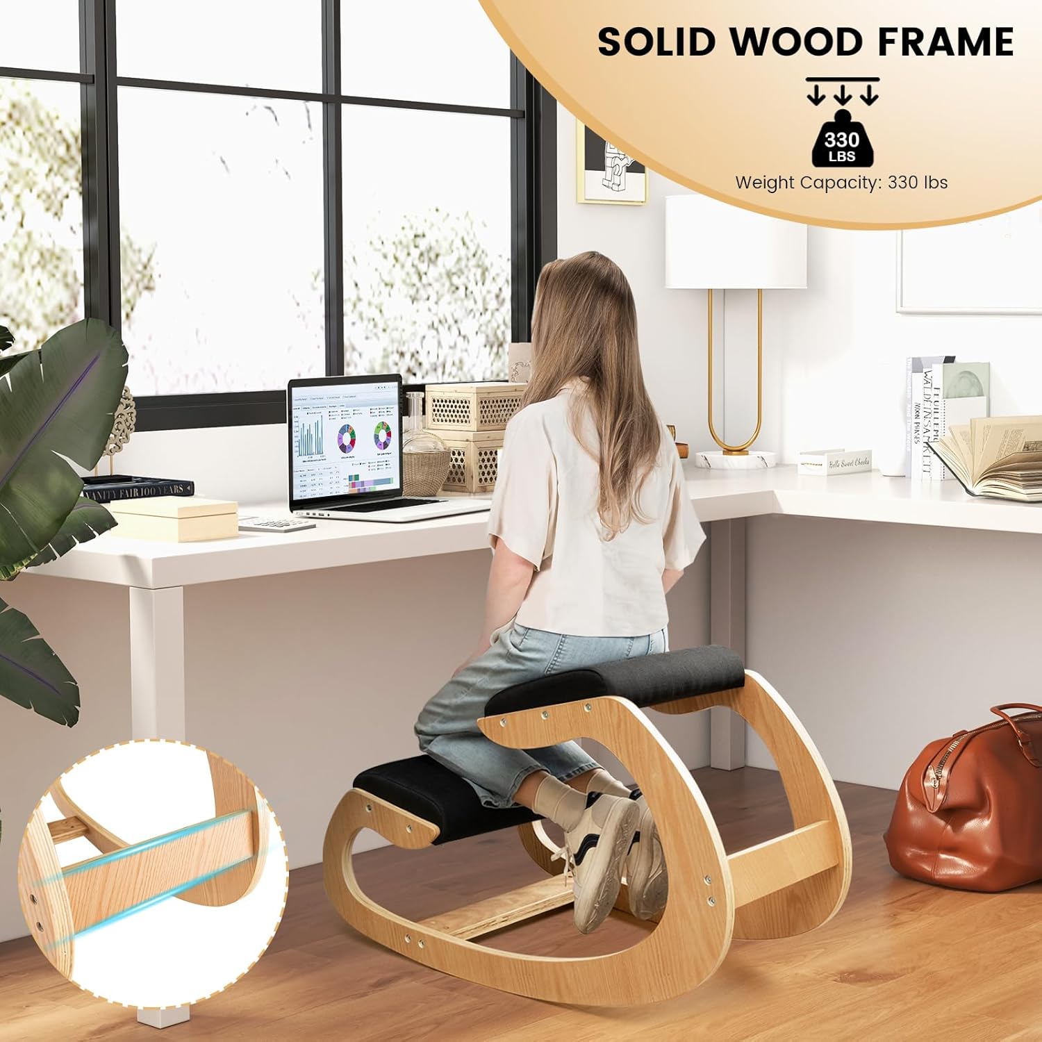 Giantex Ergonomic Kneeling Desk Chair, Rocking Knee Chair with Cushion & Solid Wood Frame, Natural Relief for Neck or Back Pain, Posture Chair for Desk, Home, Office, Max Load 330 Lbs (Black)