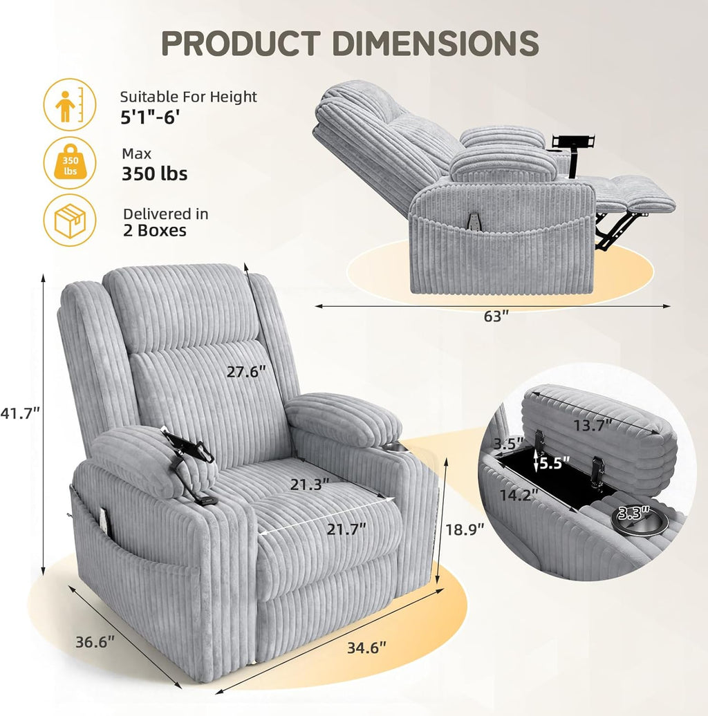EROMMY Power Oversized Swivel Rocker Recliner with Massage and Heat, Nursery Rocking Chairs for Living Room, Comfy Glider Chair with Cup Holders, Armrest Storage,USB&Type-C Ports,Grey