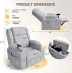 EROMMY Power Oversized Swivel Rocker Recliner with Massage and Heat, Nursery Rocking Chairs for Living Room, Comfy Glider Chair with Cup Holders, Armrest Storage,USB&Type-C Ports,Grey