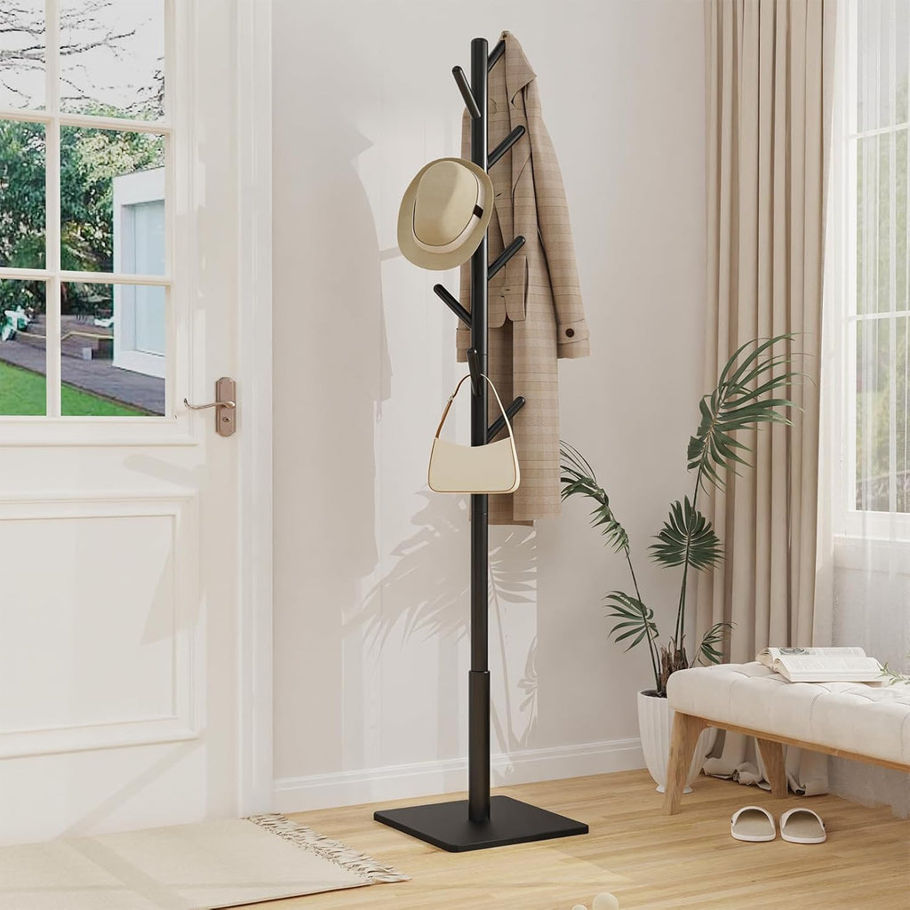 Coat Rack Freestanding with Stable Square Base for Cloathes, Hat, Used in Bedroom, Office and Entryway, Sturdy and Easy Assembly Coat Tree with 3 Adjustable Sizes and 8 Hooks, Black