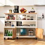 MFSTUDIO Rolling Kitchen Island on Wheels, 43" Mobile Kitchen Cart on Wheels with Open Shelves, Rubberwood Tabletop, Drawers, Portable Kitchen Storage Trolley for Dining Room, Ivory White