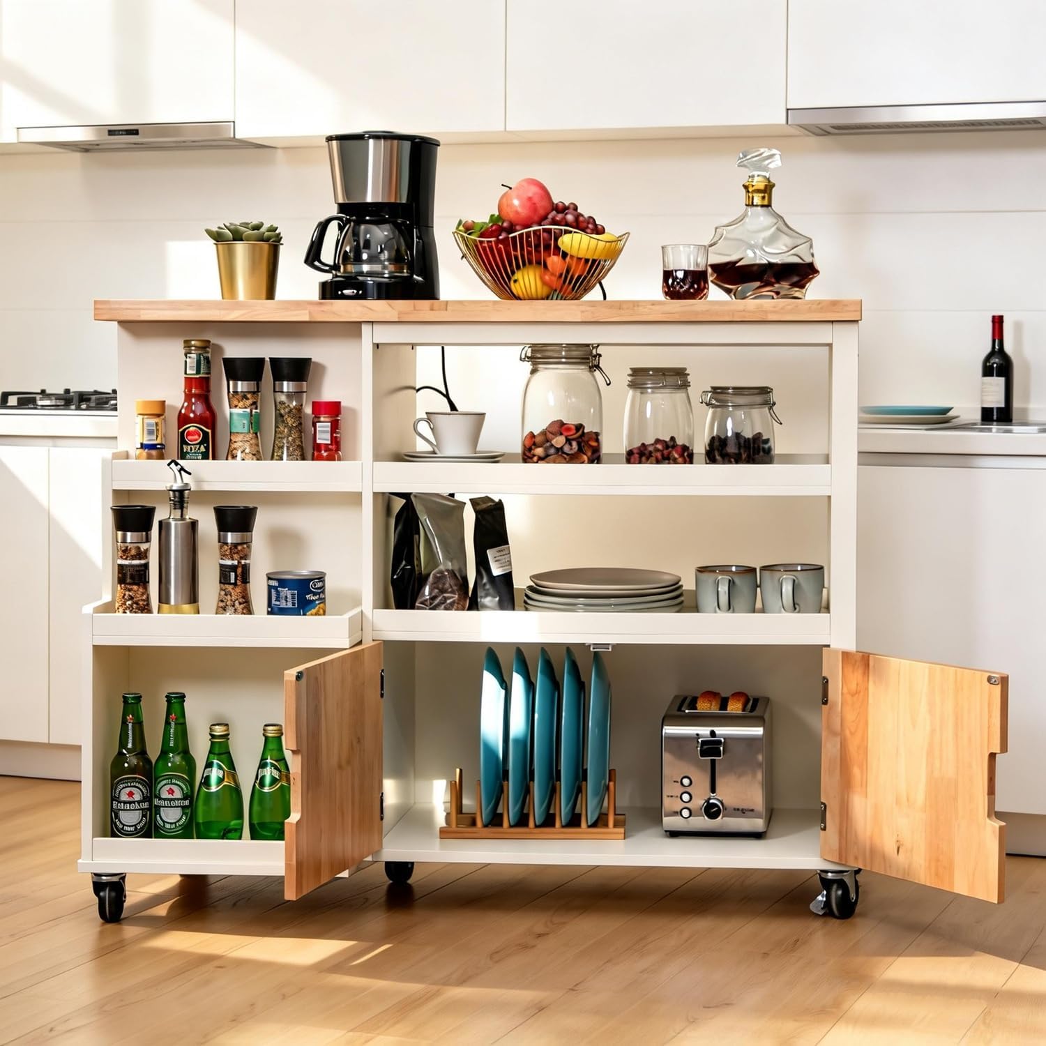 MFSTUDIO Rolling Kitchen Island on Wheels, 43" Mobile Kitchen Cart on Wheels with Open Shelves, Rubberwood Tabletop, Drawers, Portable Kitchen Storage Trolley for Dining Room, Ivory White