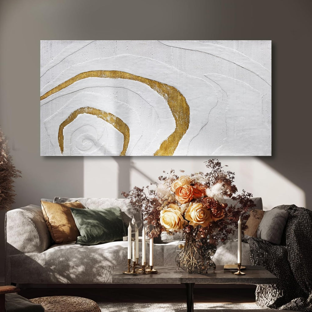 YLLTIEM White and Gold Abstract Wall Art 24x48 Inch, Hand Painted Textured Canvas Wall Art, Large Horizontal Modern Wall Decor for Living Room Bedroom Office Dining Room