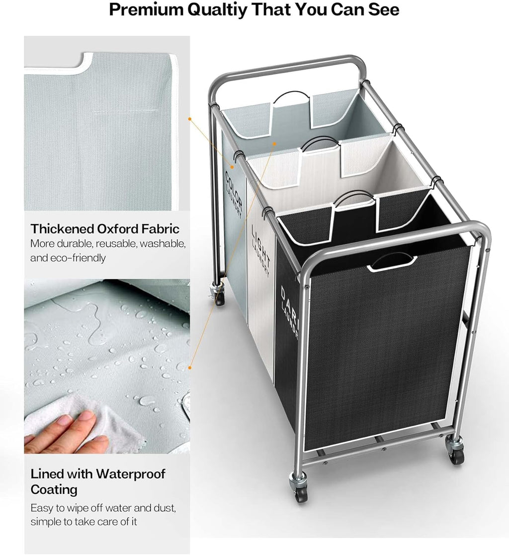 ROMOON Laundry Sorter Hamper 3 Section, Divided Laundry Basket Organizer with Heavy Duty Lockable Wheels and Removable Bags, Rolling Clothes Hamper for Apartment, Dorm & Family (135L Multicolor)