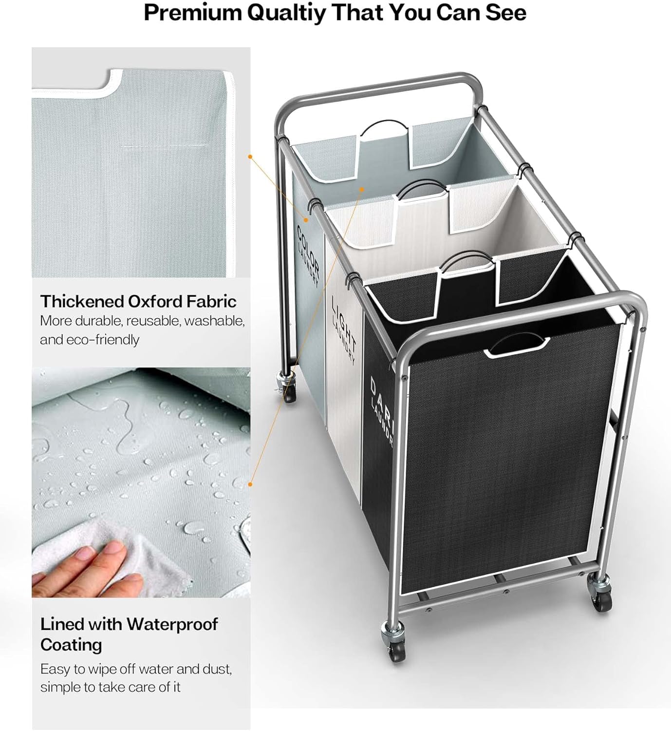 ROMOON Laundry Sorter Hamper 3 Section, Divided Laundry Basket Organizer with Heavy Duty Lockable Wheels and Removable Bags, Rolling Clothes Hamper for Apartment, Dorm & Family (135L Multicolor)