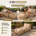Outdoor Indoor Bean Bag Chair with Ottoman, 2-in-1 Lounge Beanbag with Foam Filling, Waterproof Outdoor Bean Bag & Full-Body Support for Patio Deck Poolside Backyard, Beige