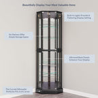 BELLEZE Lighted 3-Side Glass Display Curio Cabinet with Tempered Glass Doors and Shelves, Curved Wood Corner Cabinet with Bulb, Corner Curio Storage Rack for Bar and Liquor Storage - Ashfield (Black)