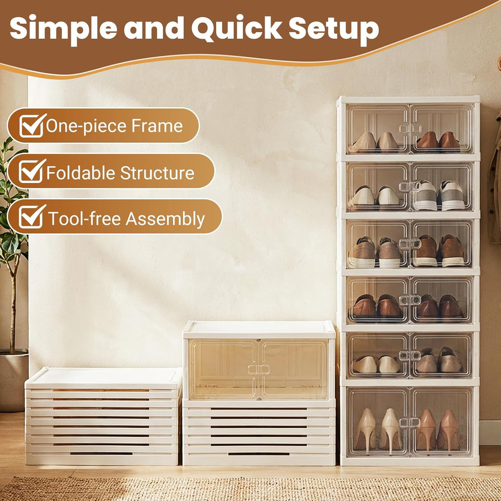GOFLAME Foldable Shoe Rack Organizer, 6-Tier 12 Pairs Collapsible Shoe Cabinet with Magnetic Clear Doors, Portable Shoe Storage Box, Stackable Shoe Shelf for Closet, Entryway, Easy Assembly