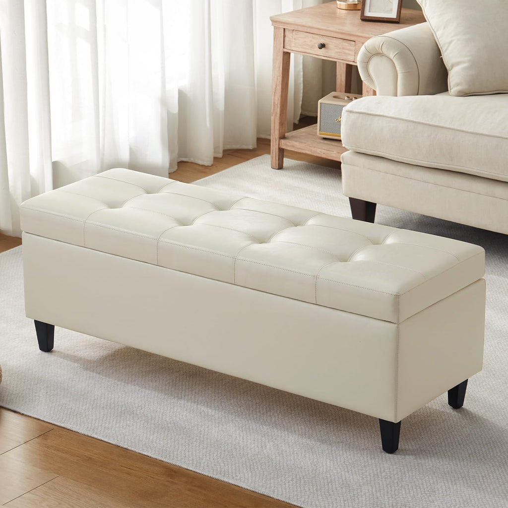 50.5 Inch Storage Ottoman Bench, Faux Leather Tufted Upholstered Bedroom Bench with Safety Hinges, Supports 300 lbs, Large Storage Bench for Living Room, Entryway (Cream)