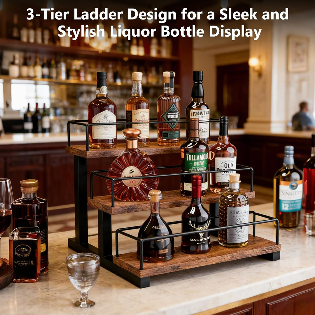 Aduanbang Liquor Bottle Display Shelf, 3 Step Countertop Organizer, Retro Bar Stand for Whiskey, Wine, Spirits (Brown)
