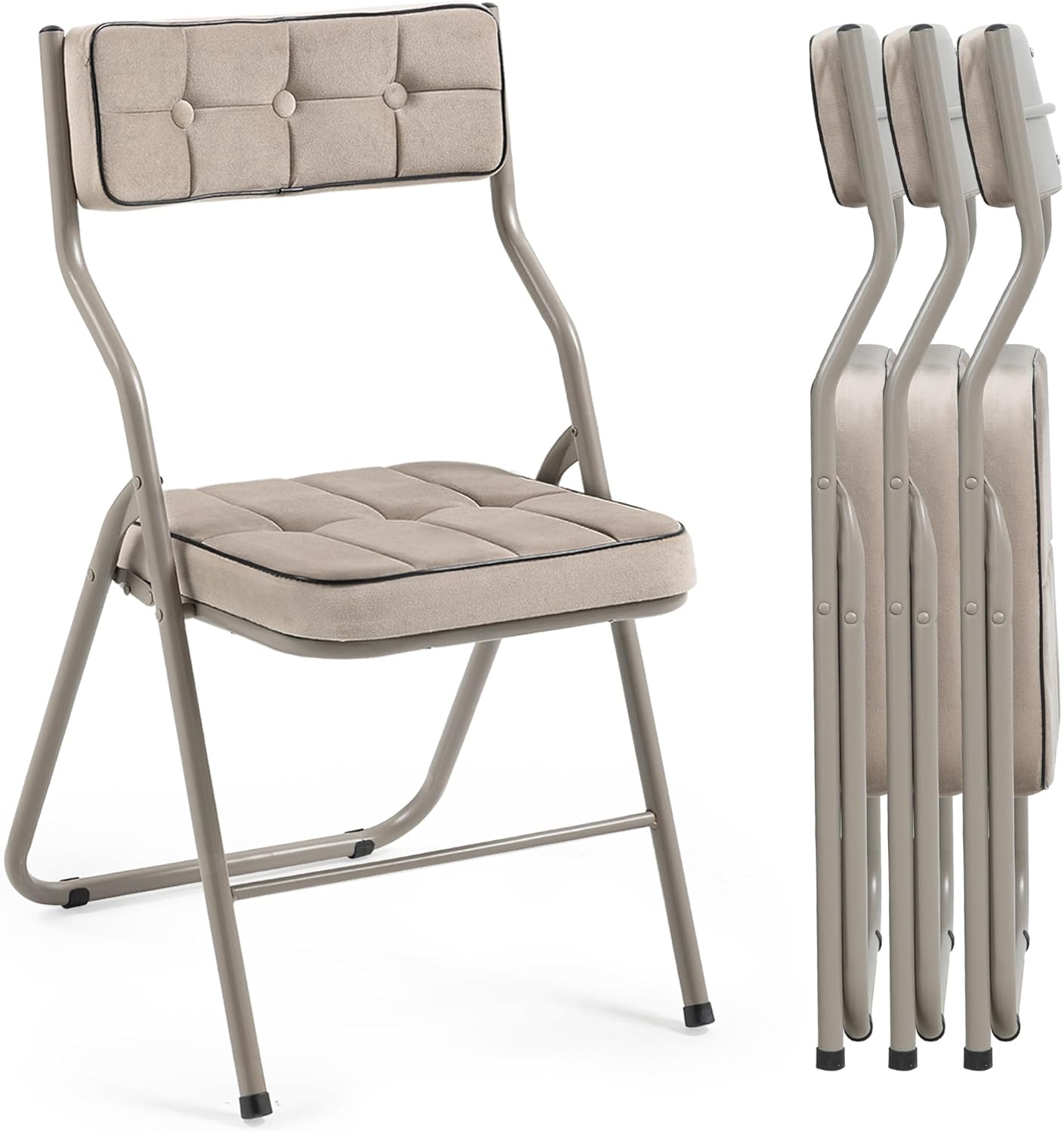Padded Folding Chairs 4 Pack - Foldable Dining Chair with Cushion, Portable and Assembled Extra Seat for Guests Kitchen Office Wedding Party Khaki