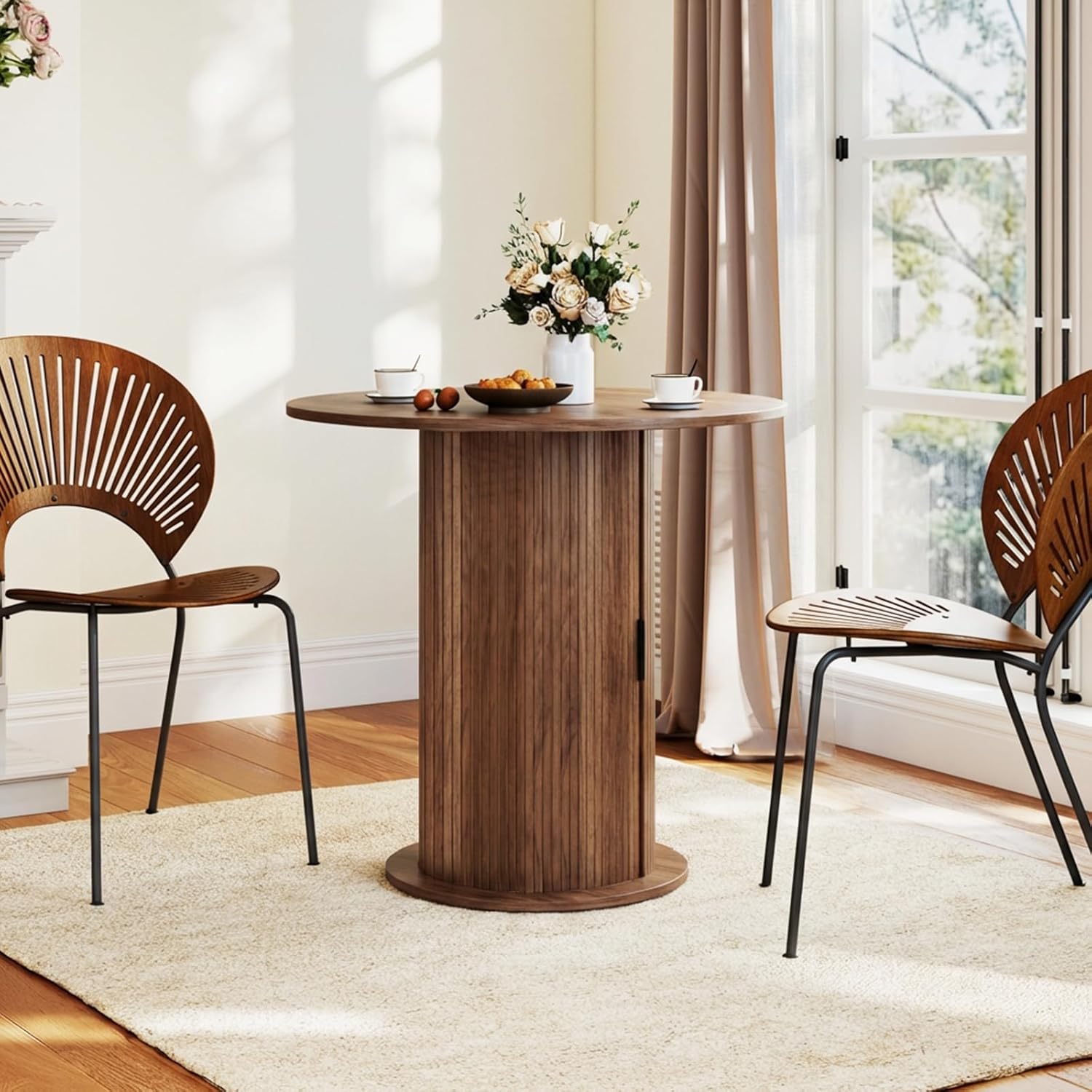 SoarFlash 31.5 Inch Round Dining Table for 2-3, Circle Farmhouse Kitchen Table with Storage Space, Wood Strip Base for Dining Room, Living Room, Lunch (Brown)
