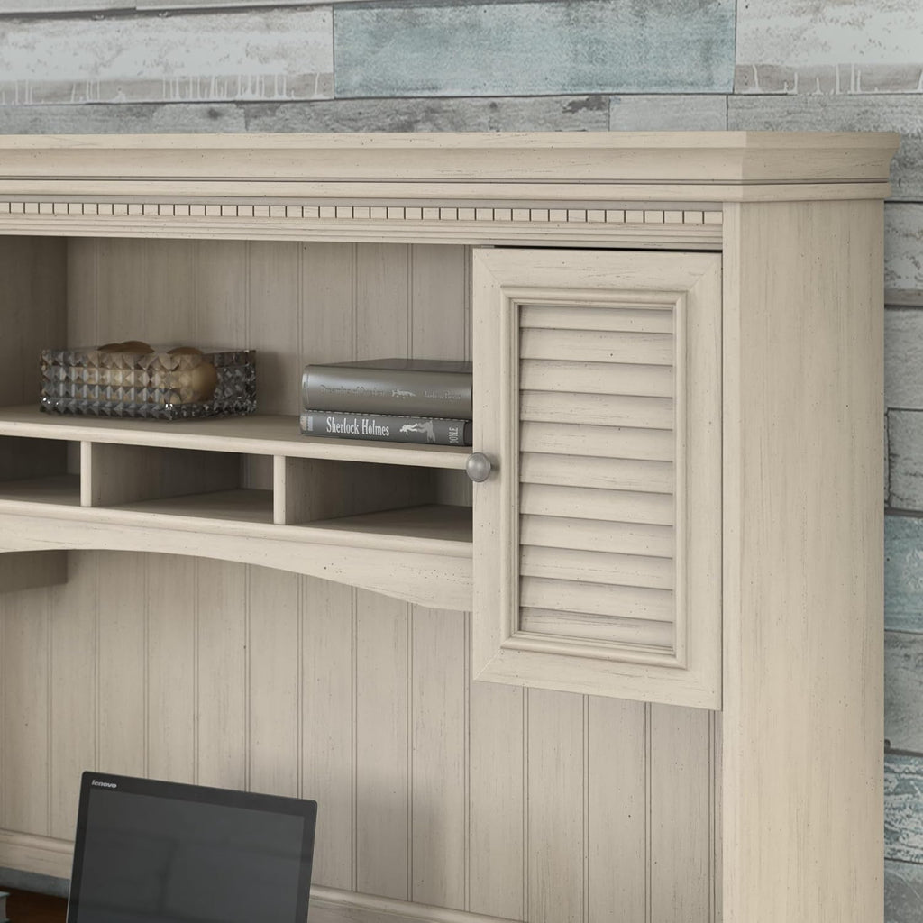Bush Home Fairview 60W Hutch for L Shaped Desk in Antique White, Attachment with Shelves and Cabinets for Home Office