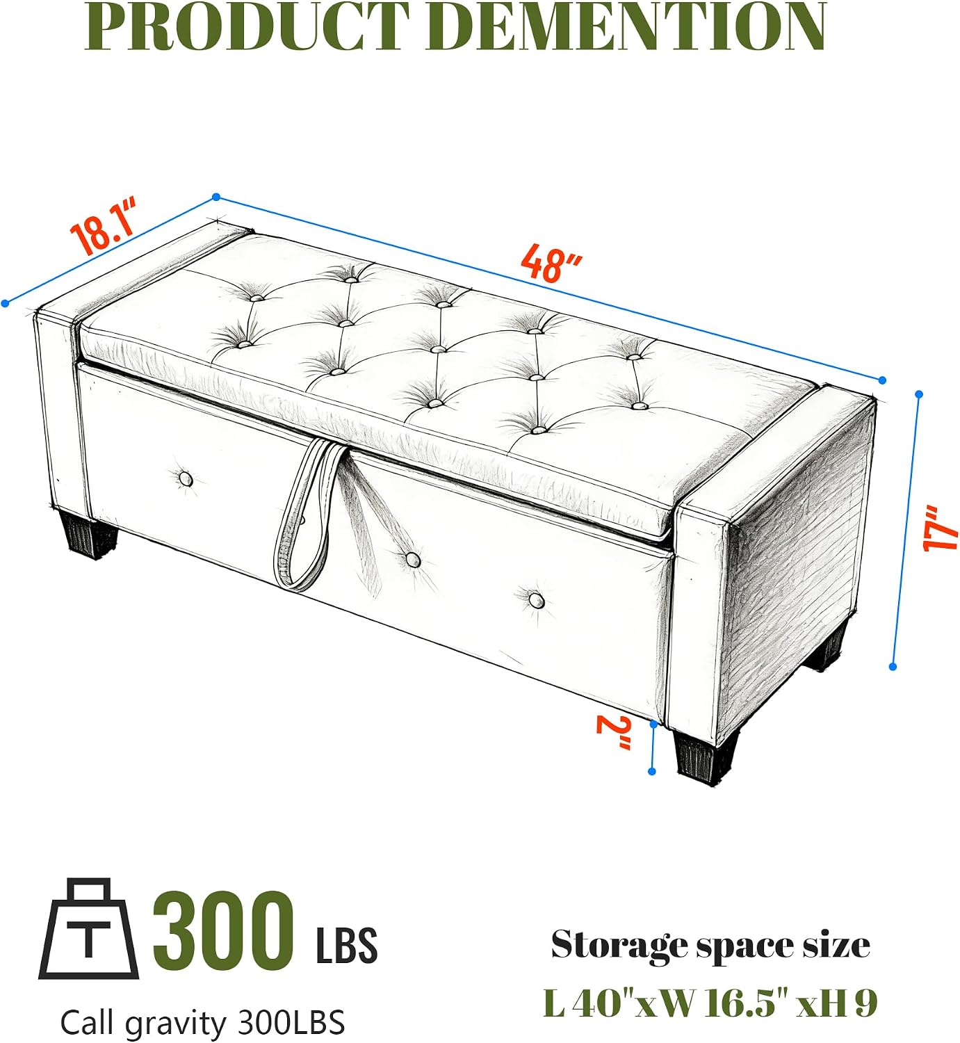 48" PU Leather Storage Ottoman Benches for Bedroom,Tufted Ottomans with Storage for Living Room,Mid Century Modern Bench with Seating for Entryway,Window,Bedside (PU Blue, 48 inch)