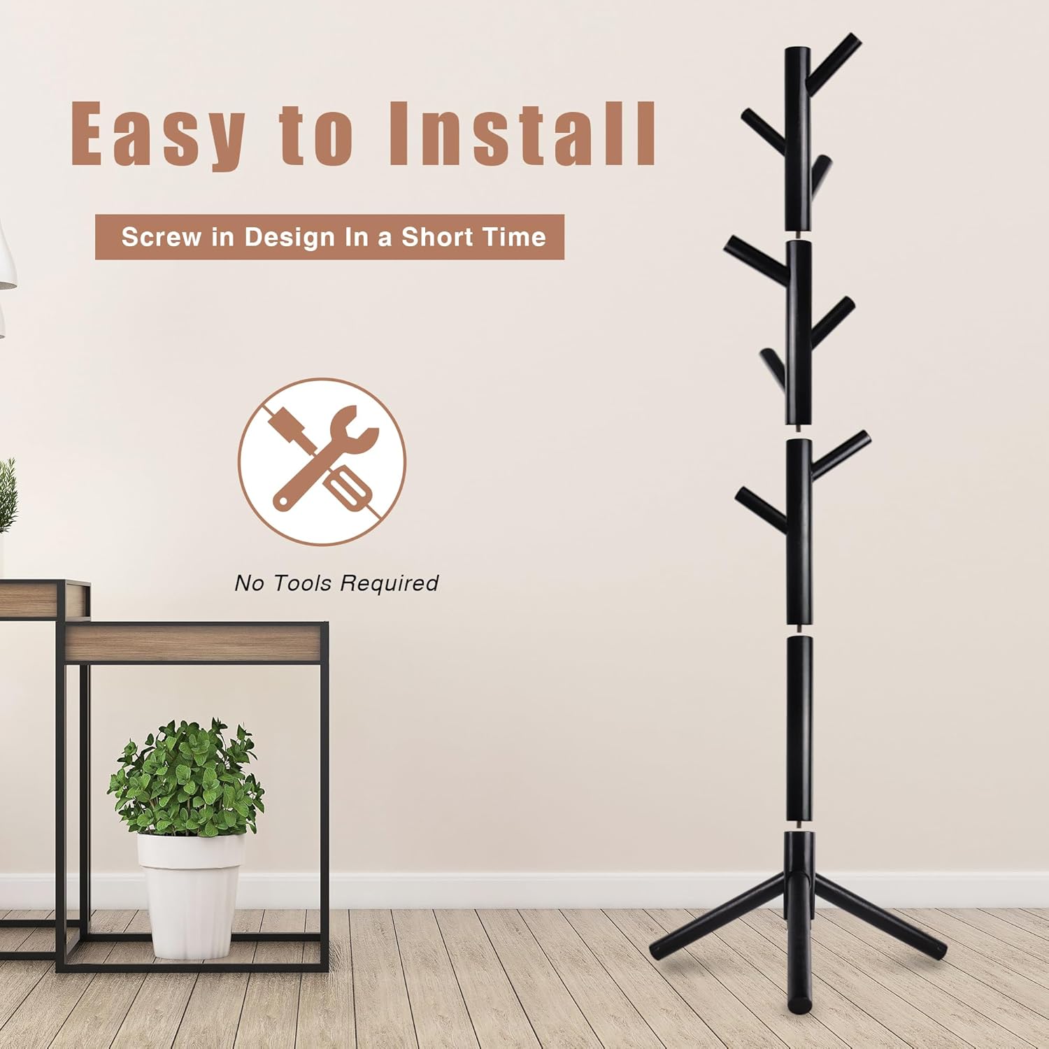 Coat Rack, Coat Racks Freestanding with 8 Hooks 3 Adjustable Heights for Clothes, Hats, Handbags, Coat Tree Easy Assembly for Entryway, Bedroom, Hallway, Office(Black)