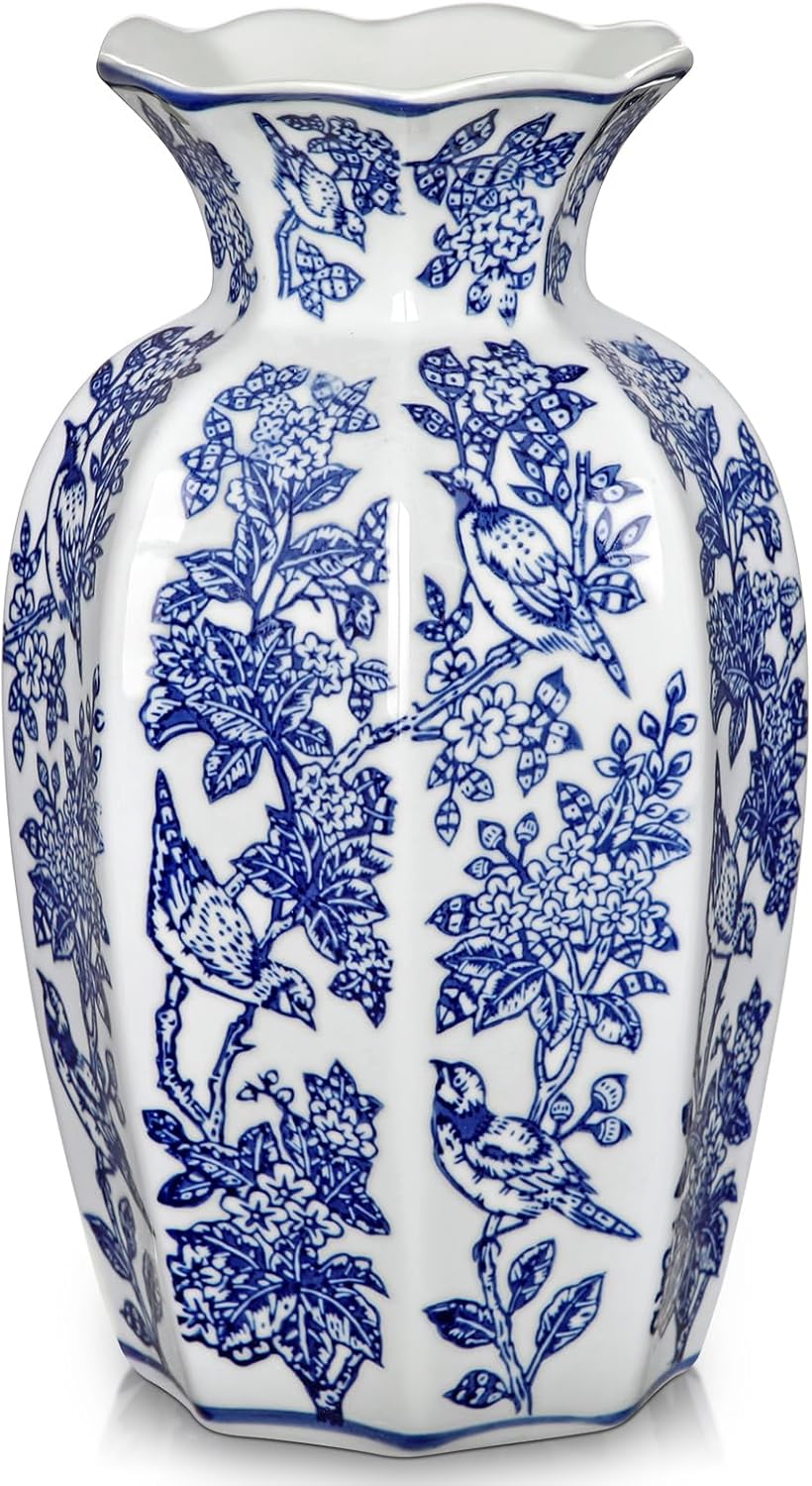 Blue and White Vase Vintage Blue Ceramic Vase for Home Decor 9.6 Inch Decorative Porcelain Floral Bird Chinoiserie Ceramic Vases for Centerpiece Living Room Kitchen Shelf
