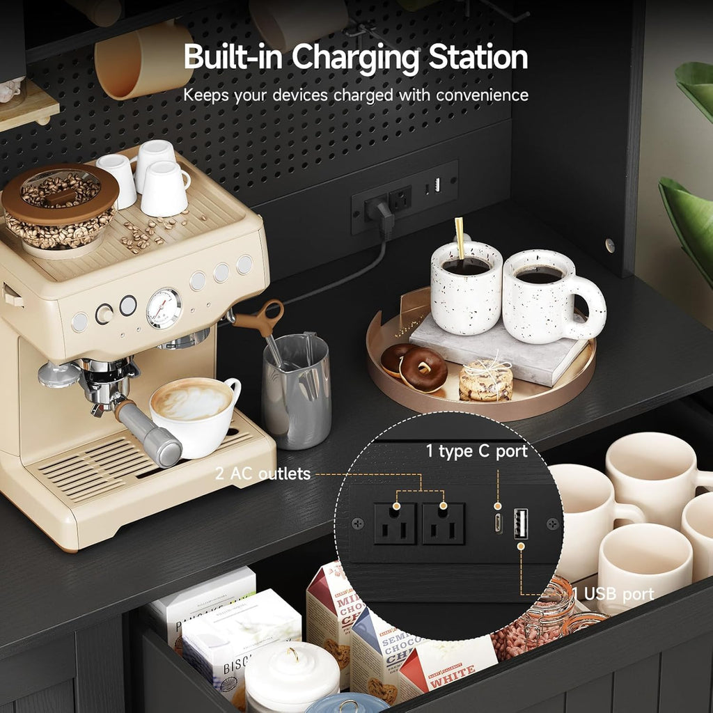YOURLITE LED Pantry Cabinets with Pegboard, Kitchen Pantry Storage Cabinet with Outlet & Microwave Stand, Kitchen Hutch Coffee Bar with 5 Hooks and Adjustable Shelf, Black