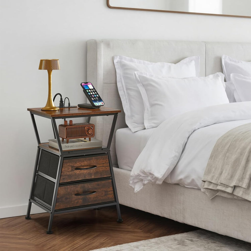 Nightstand with Charging Station, Side Tables for Bedroom with Built-in USB Side Table with 2 USB Ports and Outlets Nightstand with Cloth Drawer End Tables Living Room Sofa Couch